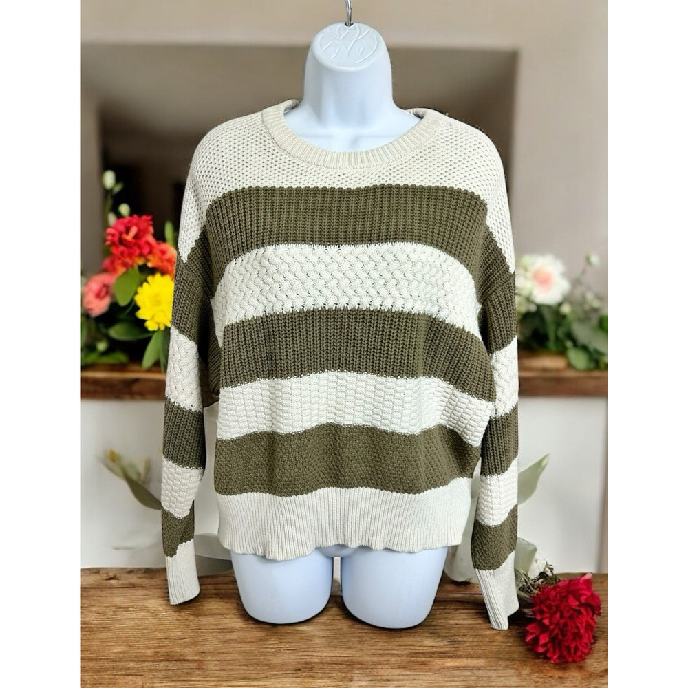 A New Day Crewneck Pullover Sweater Sz L Striped Olive Green and Cream Cozy Knit